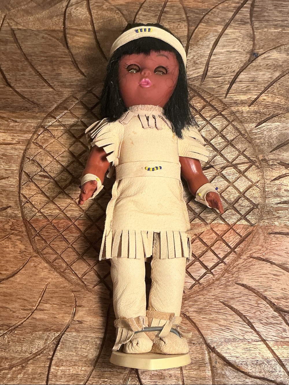 Vintage Authentic American Indian Cream Dressed Fringe Doll with Black Hair